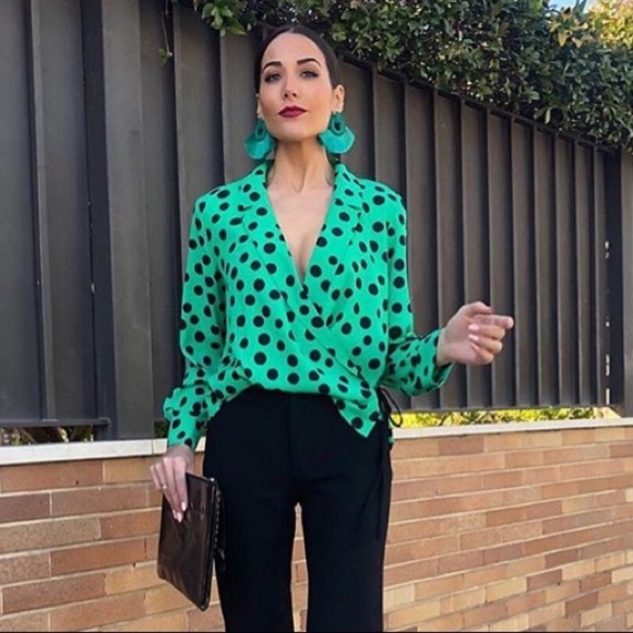 Zara Tops - ZARA POLKA DOT Black Green BLOUSE XS 205/mn